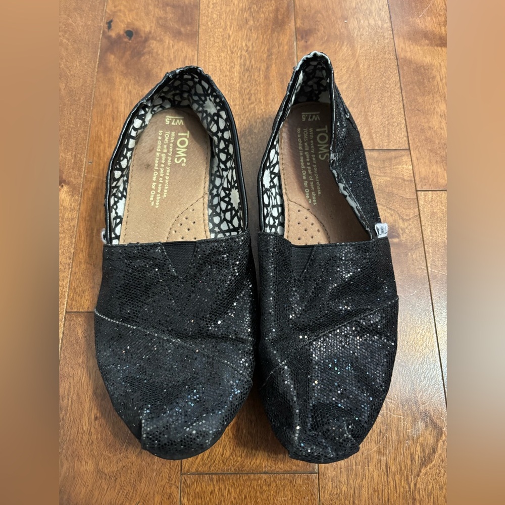 TOMS Black Glitter Slip-On Flats - women’s 7.5